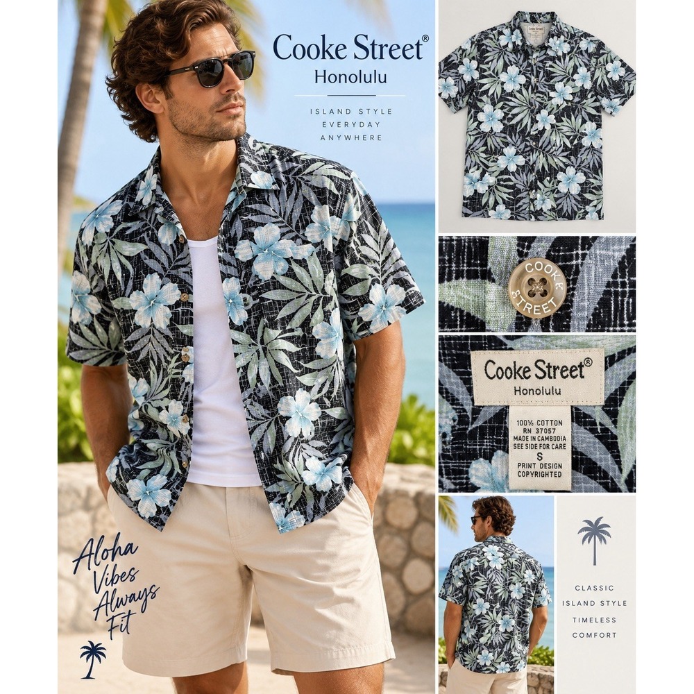 Cooke Street Honolulu Men's S Hawaiian Shirt Black Blue Floral Aloha 100% Cotton